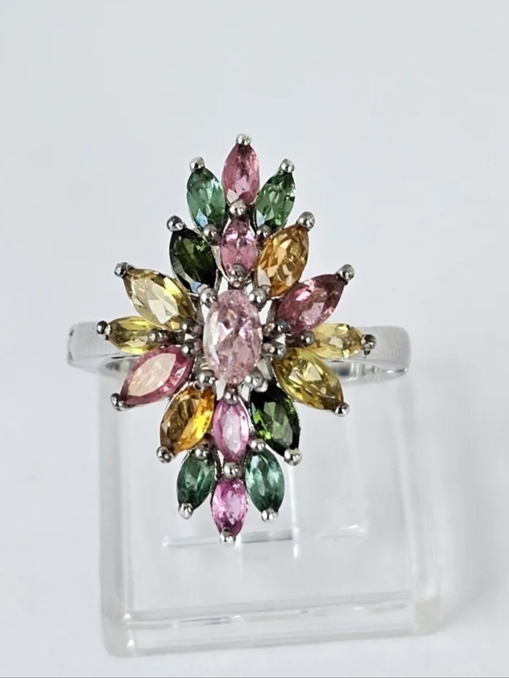 Multiple Colored Genuine Tourmaline Platinum over Sterling Silver Ring Sz 6!